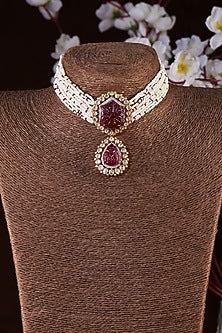 Gold Finish Moissanite Polki & Pearl Choker Necklace In Sterling Silver