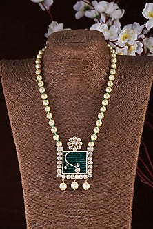 Gold Finish Moissanite Polki & Green Stone Long Necklace In Sterling Silver