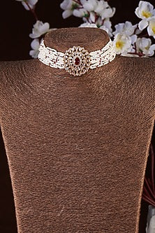 Gold Finish Moissanite Polki & Pearl Choker Necklace In Sterling Silver
