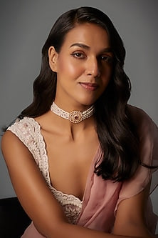 Gold Finish Moissanite Polki & Pearl Choker Necklace In Sterling Silver