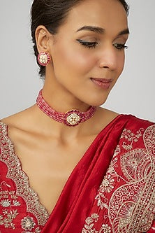 Gold Finish Moissanite Polki & Red Stone Choker Necklace Set In Sterling Silver