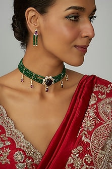 Gold Finish Moissanite Polki & Green Stone Choker Necklace Set In Sterling Silver
