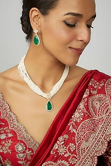 Gold Finish Moissanite Polki & Green Stone Long Necklace Set In Sterling Silver