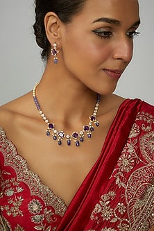 Gold Finish Moissanite Polki & Purple Stone Long Necklace Set In Sterling Silver