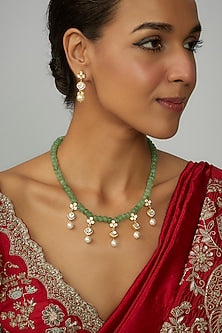 Gold Finish Moissanite Polki & Green Stone Long Necklace Set In Sterling Silver