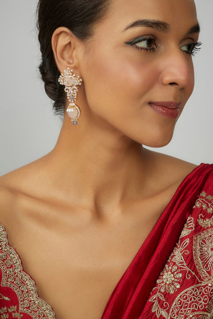 Gold Finish Moissanite Polki & Pink Synthetic Stone Dangler Earrings In Sterling Silver