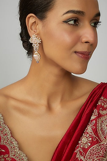 Gold Finish Moissanite Polki & Pink Synthetic Stone Dangler Earrings In Sterling Silver