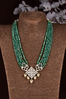 Gold Finish Moissanite Polki & Emerald Stone Long Necklace In Sterling Silver