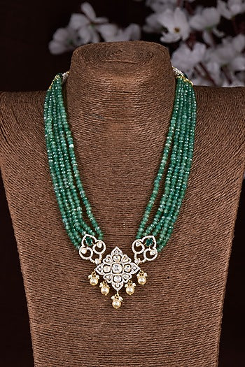 Gold Finish Moissanite Polki & Emerald Stone Long Necklace In Sterling Silver
