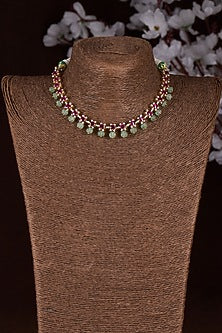 Gold Finish Moissanite Polki & Multi-Colored Stone Necklace In Sterling Silver