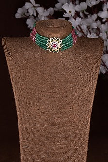 Gold Finish Moissanite Polki & Multi-Colored Stone Choker Necklace In Sterling Silver