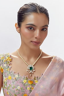 Gold Finish Moissanite Polki & Green Stone Long Necklace In Sterling Silver