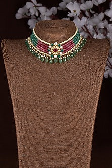 Gold Finish Moissanite Polki & Multi-Colored Stone Choker Necklace In Sterling Silver