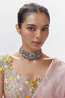 Gold Finish Moissanite Polki & Multi-Colored Stone Choker Necklace In Sterling Silver