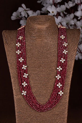 Gold Finish Moissanite Polki & Ruby Mala Necklace In Sterling Silver