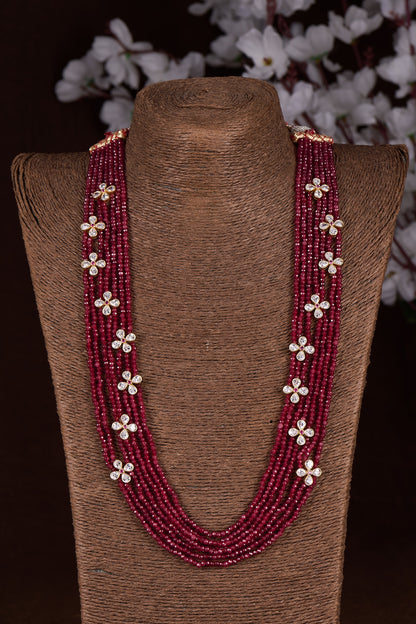 Gold Finish Moissanite Polki & Ruby Mala Necklace In Sterling Silver