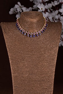 Gold Finish Moissanite Polki & Multi-Colored Stone Necklace In Sterling Silver