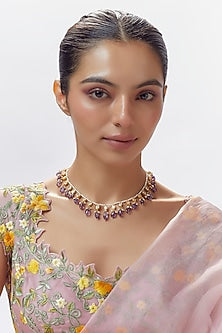Gold Finish Moissanite Polki & Purple Stone Necklace In Sterling Silver