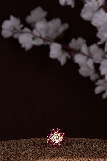 Gold Finish Moissanite Polk & Red Synthetic Stone Ring In Sterling Silver