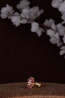 Gold Finish Moissanite Polk & Red Synthetic Stone Ring In Sterling Silver