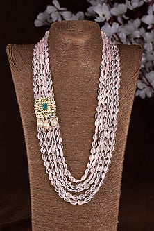 Gold Finish Moissanite Polki & Pink Stone Mala In Sterling Silver