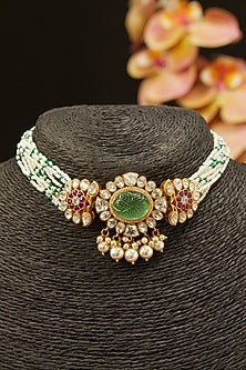 Gold Finish Faux Emeralds & Rubies Necklace In Sterling Silver