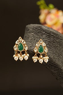 Gold Finish Moissanite & Emerald Synthetic Stones Earrings In Sterling Silver