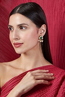 Gold Finish Moissanite & Emerald Synthetic Stones Earrings In Sterling Silver