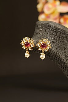 Gold Finish Moissanite & Ruby Synthetic Stones Stud Earrings In Sterling Silver