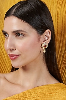 Gold Finish Moissanite & Ruby Synthetic Stones Stud Earrings In Sterling Silver