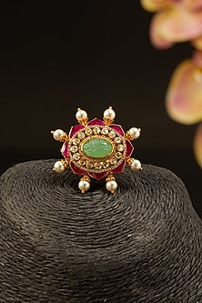 Gold Finish Faux Emerald & Rubies Ring In Sterling Silver