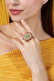 Gold Finish Faux Emerald & Rubies Ring In Sterling Silver