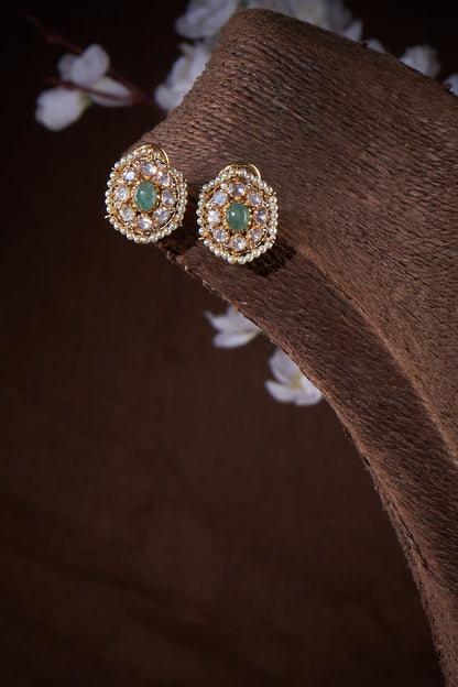 Gold Finish Moissanite Polki & Green Stone Stud Earrings In Sterling Silver