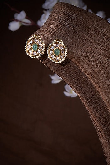 Gold Finish Moissanite Polki & Green Stone Stud Earrings In Sterling Silver