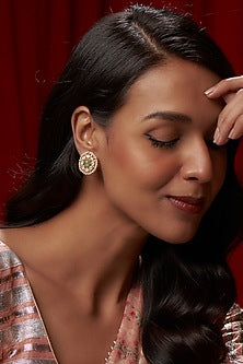 Gold Finish Moissanite Polki & Green Stone Stud Earrings In Sterling Silver