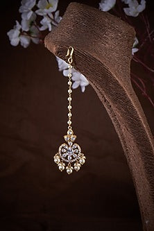 Gold Finish Moissanite Polki & Pearl Maangtikka In Sterling Silver