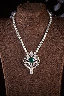 Gold Finish Moissanite Polki & Emerald Necklace In Sterling Silver