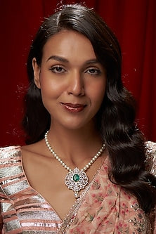 Gold Finish Moissanite Polki & Emerald Necklace In Sterling Silver