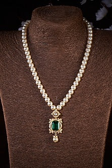 Gold Finish Moissanite Polki & Emerald Necklace In Sterling Silver