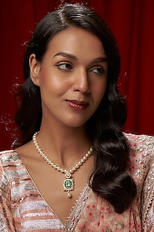 Gold Finish Moissanite Polki & Emerald Necklace In Sterling Silver