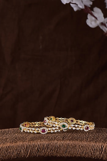 Gold Finish Moissanite Polki & Multi-Colored Stone Bangle In Sterling Silver (Set Of 2)