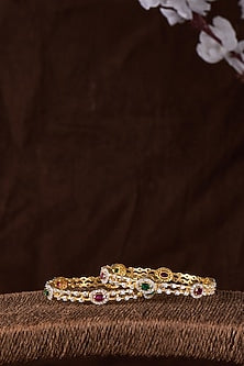 Gold Finish Moissanite Polki & Multi-Colored Stone Bangle In Sterling Silver (Set Of 2)