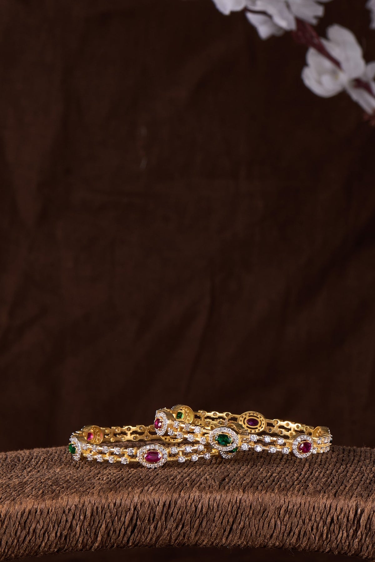 Gold Finish Moissanite Polki & Multi-Colored Stone Bangle In Sterling Silver (Set Of 2)