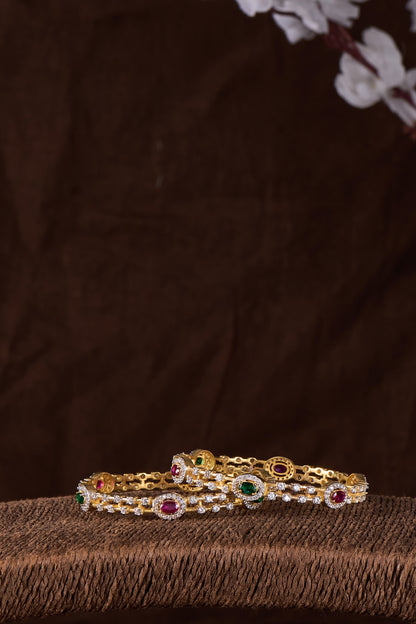 Gold Finish Moissanite Polki & Multi-Colored Stone Bangle In Sterling Silver (Set Of 2)