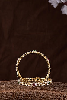 Gold Finish Moissanite Polki & Multi-Colored Stone Bangle In Sterling Silver (Set Of 2)