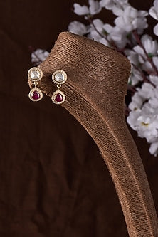 Gold Finish Moissanite Polki & Ruby Stone Dangler Earrings In Sterling Silver