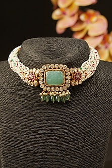 Gold Finish Choker Necklace With Pearls In Sterling Silver