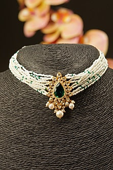Gold Finish Choker Necklace With Pearls In Sterling Silver