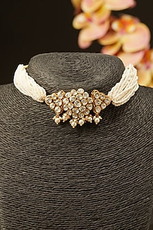 Gold Finish Pearl Choker Necklace In Sterling Silver