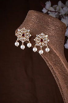 Gold Finish Moissanite Polki & Red Stone Stud Earrings In Sterling Silver